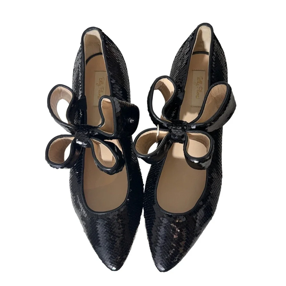 Polly Plume Bonnie Black Sequin Pointed Toe Bow Flat Made in Italy Size 40 Women